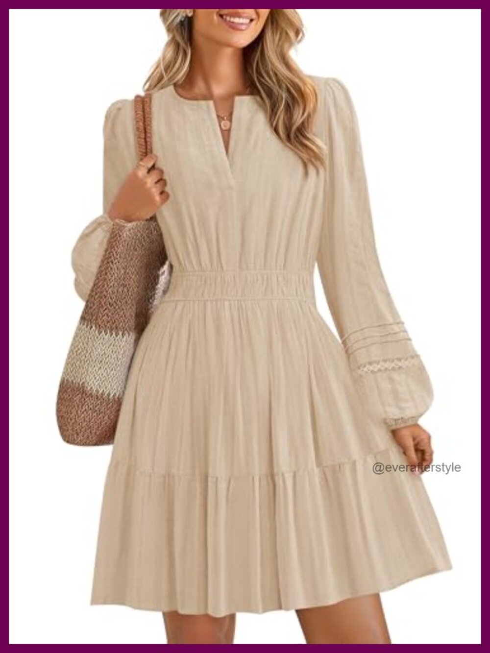 Women's Long Sleeve V Neck Flowy Mini Dress Cotton A-Line